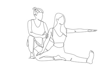 Continuous one line drawing of young woman taking private yoga lesson with yoga instructor, single line art.