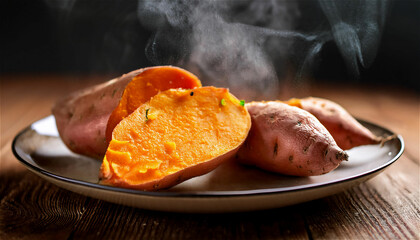 A high-quality picture of a steaming sweet potato cooked deliciously