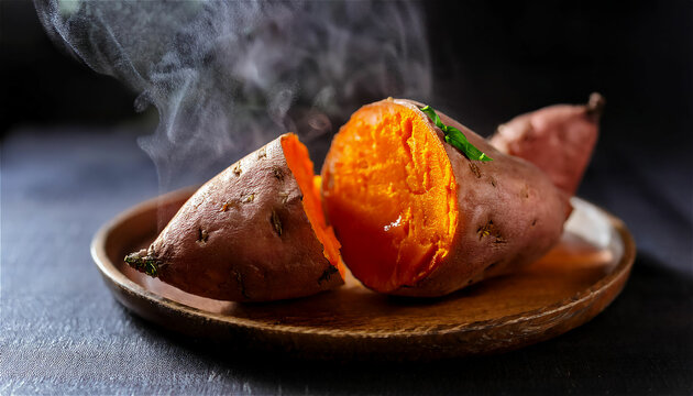 A high-quality picture of a steaming sweet potato cooked deliciously