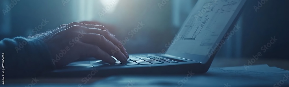 Poster a close-up of a person's hand typing on a laptop in a dimly lit environment, highlighting focus and 