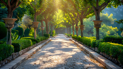 Serene Garden Path with Sunlight and Greenery