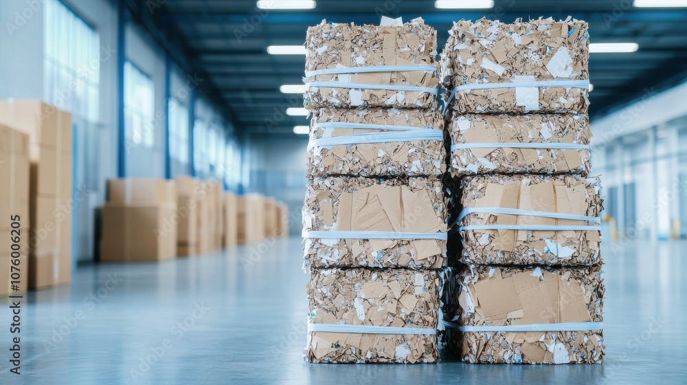 Poster stacks of neatly packaged boxes in a warehouse, surrounded by additional boxes, showcasing an organi
