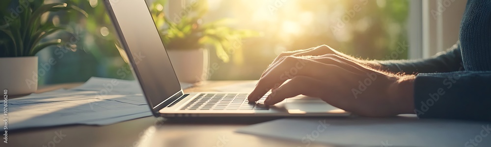 Aufkleber a hand types on a laptop while sunlight streams in, creating a warm atmosphere with potted plants in