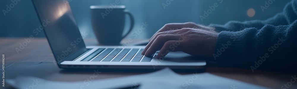 Poster a focused hand typing on a laptop keyboard next to a warm cup of coffee, set in a dimly lit workspac