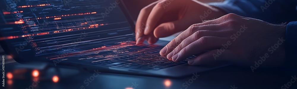 Poster A close-up of hands typing on a laptop keyboard, illuminated by colorful lights, emphasizing technology and software development.