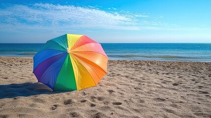 Close-up of a colorful rainbow umbrella on a sunny day