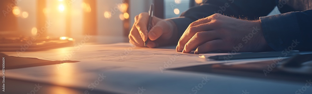 Poster a person writes on paper with a beautiful sunset illuminating the scene, creating a warm and inspiri