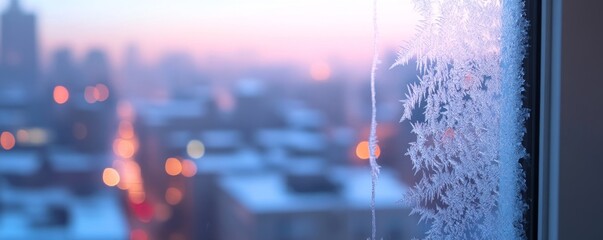 Urban Winter Wonderland - Icy Window with Frost Patterns and City Lights Bokeh