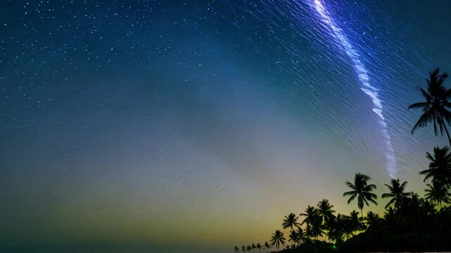 Starry Night Palm Trees: Serene nightscape featuring palm trees silhouetted against a breathtaking sky filled with stars and a vibrant light streak. A captivating image evoking tranquility and wonder.