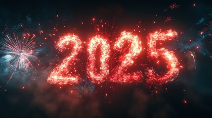A deep blue night sky is illuminated by "2025" made from glowing, pulsing LED lights, surrounded by bright starbursts.