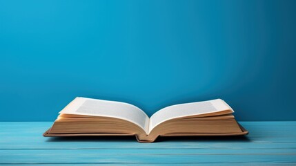 A hand with dark skin gently holds an open book, illuminated by bright studio lighting on a blue background. Generative AI