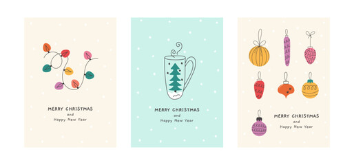 Set of Christmas and New Year cards with funny illustrations. Hand drawn