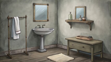 A rustic bathroom interior with a pedestal sink, a towel rack, and a small wooden table.