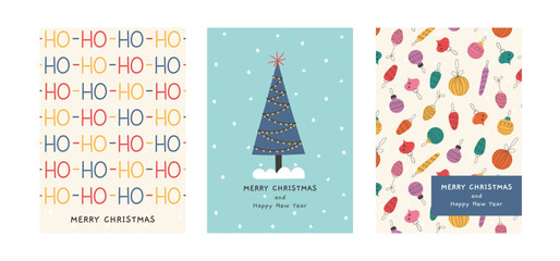 Set of Christmas and New Year cards with funny illustrations. Hand drawn