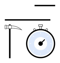 Pickaxe intersecting stopwatch with horizontal bars above and below. Ideal for mining, time management, work efficiency, productivity, labor, industry, and measurement. Line metaphor
