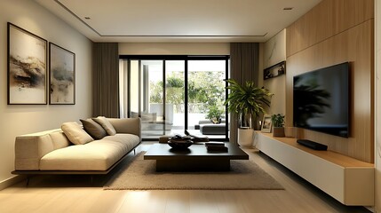 Fototapeta premium Modern Living Room with a View of Greenery