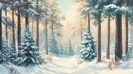 A serene winter landscape captures a sun-drenched forest with snow covered ground,Snowy tunnel, highlighting the peaceful beauty and tranquility of nature,winter season.