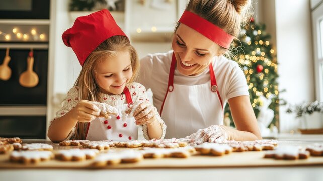 Mother and helpful little daughters in aprons making cookies on weekend at home,Happy family,prepare dough and use cooking utensils,National Cookie Day.
