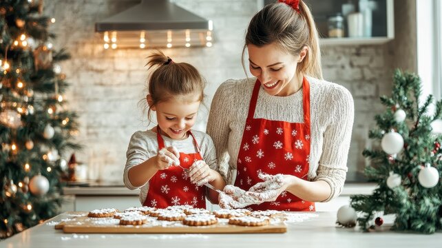 Mother and helpful little daughters in aprons making cookies on weekend at home,Happy family,prepare dough and use cooking utensils,National Cookie Day.