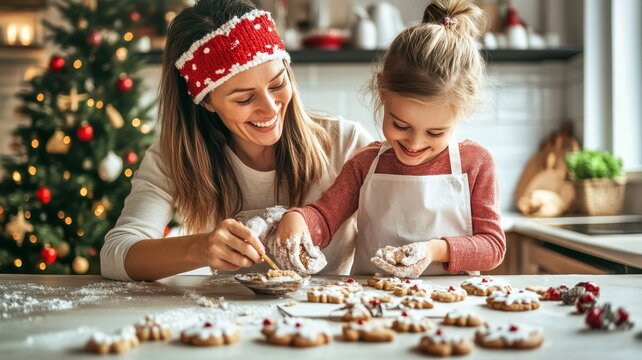 Mother and helpful little daughters in aprons making cookies on weekend at home,Happy family,prepare dough and use cooking utensils,National Cookie Day.