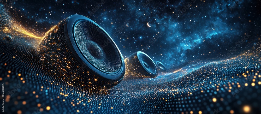 Poster a 3d rendering of a futuristic speaker in a galaxy, surrounded by shimmering particles, representing
