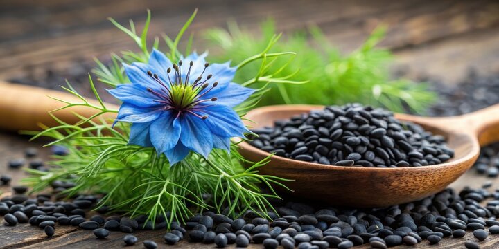 Close-up of black cumin seeds and nigella sativa flower, spices, culinary, edible, ingredient, herbal, plant, botanical