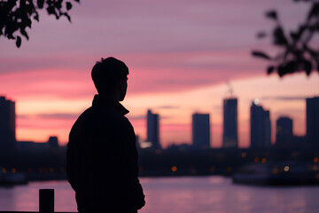 Fototapeta premium Transcendent Pink Sunset: A Serene Cityscape with Silhouetted Figure at Dusk