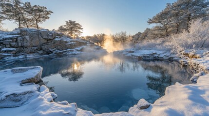 Fototapeta premium A Frozen Pond Surrounded by Snowy Trees and Rocks in the Golden Hour