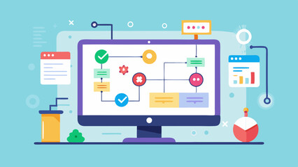 A computer monitor displays a flow chart with a green check mark