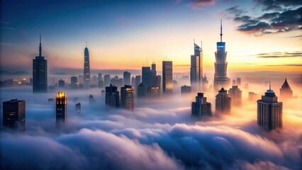 Obraz premium Foggy cityscape with a mysterious atmosphere before dawn , fog, city, urban, skyline, buildings, morning, mysterious, eerie