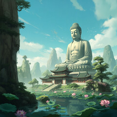 Fototapeta premium Buddha statue in a tranquil temple setting with a mountain in the background, evoking feelings of peace and enlightenment