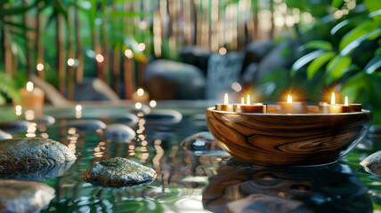 Tranquil spa scene with candles in wooden bowl on water