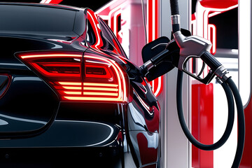 Refueling a vehicle at a gas station, close-up of the fuel nozzle with vibrant sunset colors in the background