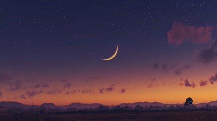 A crescent moon is shining brightly in the sky over a field