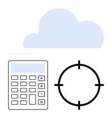 Cloud hovering above a calculator and a crosshair target, signifying digital optimization. Ideal for cloud computing, data accuracy, technology, business strategy, digital marketing, innovation, IT