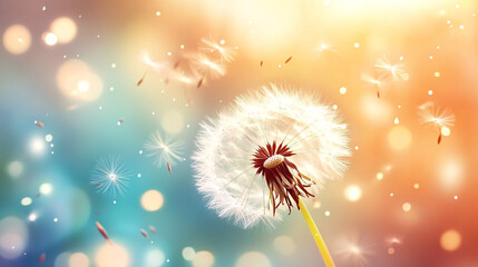 beautiful dandelion seeds floating in the wind with soft bokeh lights