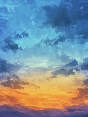 Naklejka premium A vibrant sky at sunset, showcasing a gradient of blue to orange hues with dramatic clouds.