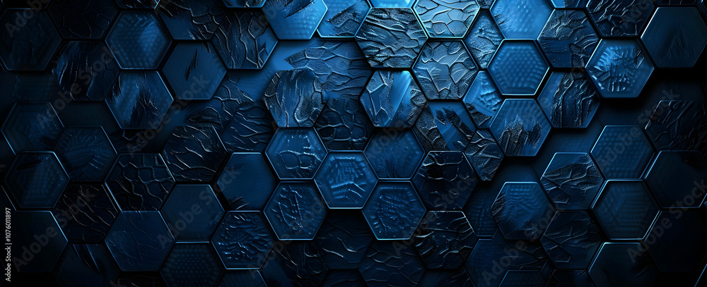 Poster 3d render of a dark blue abstract background with a hexagon pattern