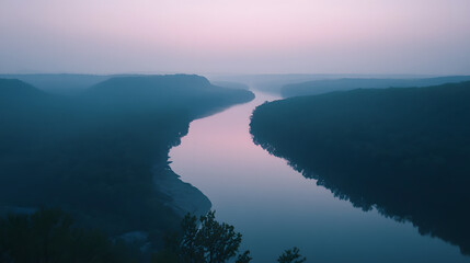 Fototapeta premium Serene Transcendent Pink Sunset Over Tranquil River Valley – A Calming Natural Landscape