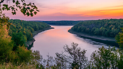 Tranquil Sunset Over Serene River with Lush Greenery and Dusty Pink Sky
