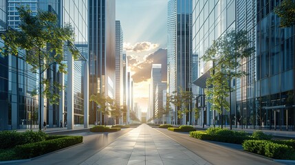 A Sunlit City Street Lined With Glass Buildings and Lush Green Trees