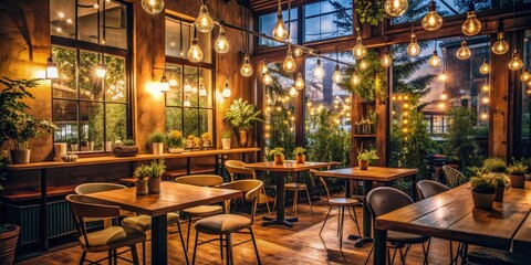 Fototapeta premium Cozy cafe interior at night with warm lights and inviting atmosphere, cafe, night, cozy, interior, warm, lights