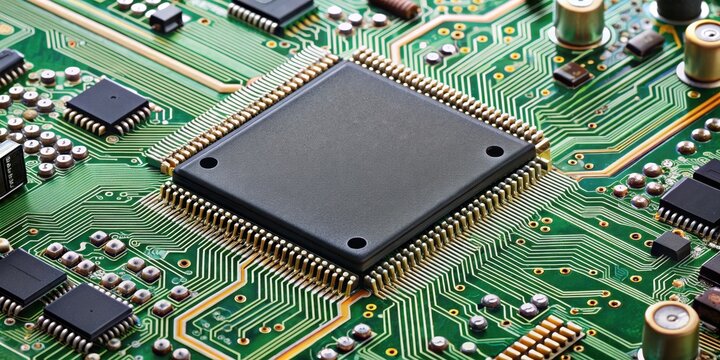 Electronic circuit board showing a large scale integrated (LSI) chip, technology, electronics, microchip, hardware