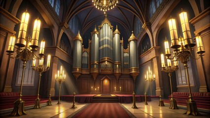 Fototapeta premium Ornate Church Interior with Pipe Organ and Candelabras