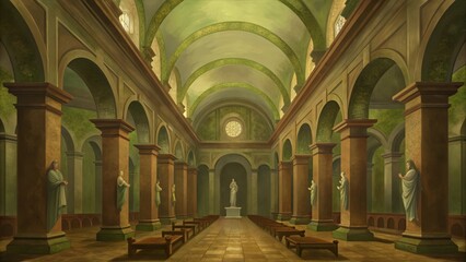 Obraz premium A grand hall with arched ceilings, pillars, and statues, illuminated by sunlight streaming through a stained glass window.