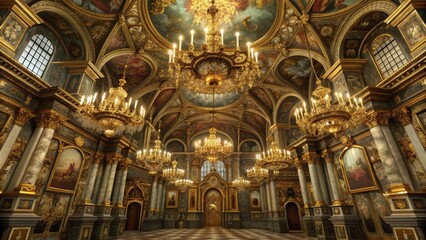 Fototapeta premium A Grand Hall with Ornate Gold Trim, Chandeliers, and Paintings