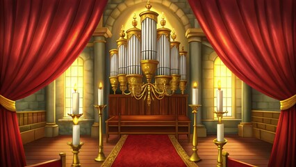 Fototapeta premium A grand pipe organ in a cathedral setting, illuminated by candles.