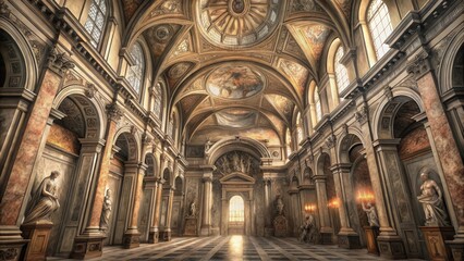 Obraz premium Interior of a Grand Church with Statues, Arches, and Ornate Ceiling