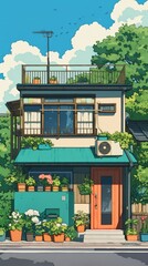 Obraz premium Beautiful small Japanese house in Tokyo surrounded by lush trees, under a vibrant summer sky with a peaceful atmosphere..
