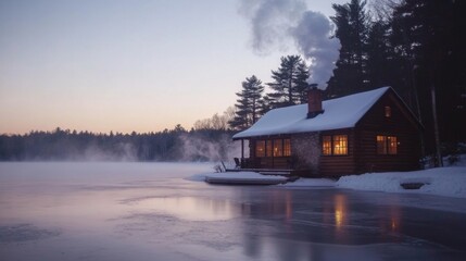 Fototapeta premium A Cozy Log Cabin on a Frozen Lake at Dusk